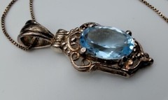 Vtg Pastel Oval Blue Faceted Stone Filigree Sterling Silver Pendant Necklace 925