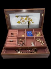 Vintage Gold Tone Jewelry Lot Filled Wood Jewelry Box Necklaces Brooches Gift