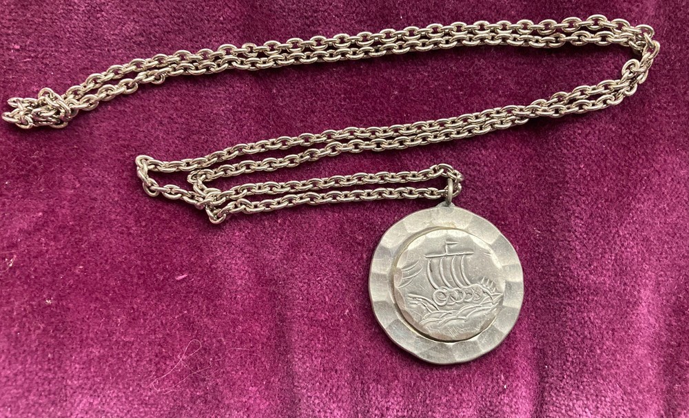 VTG Pewter Necklace Kjeld Hansen Viking Ship Copenhagen Pendant Denmark 1″ Chain