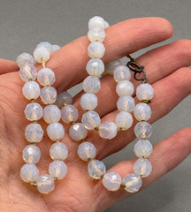 Vintage Opaline Opalite Beaded Necklace Faceted Art Glass Hand Knotted 18″