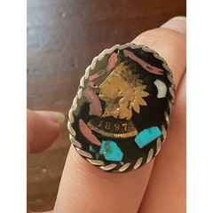 Vintage Sterling Native American Coin Gemstone Mosaic Inlay Ring Size 5.25