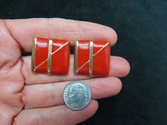 Vintage Gold Tone Square 1990’s Red Enamel Pierced Earrings