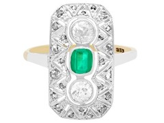 Antique Art Deco Emerald Diamond and Yellow Gold Dress Ring