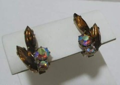 Vtg 2 Amber Marquise Shape 2 Aurora Borealis Round Rhinestones Clip Earrings