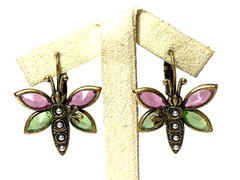 Gold Tone Pink Green Glass Bezel Set Butterfly Earrings Leverback Close 1.25″