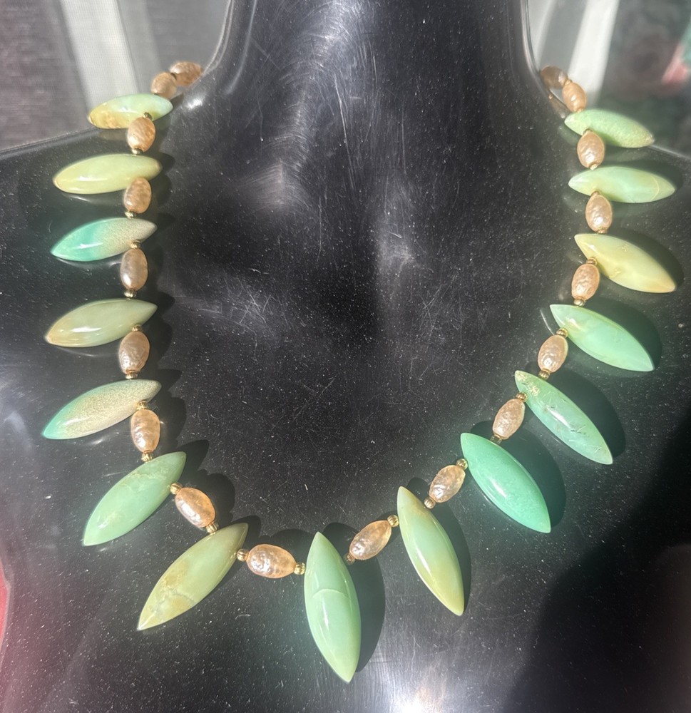 Heavy Vintage Unique Large Green Marquise Shape Opals & Faux Pearl Push in Clasp