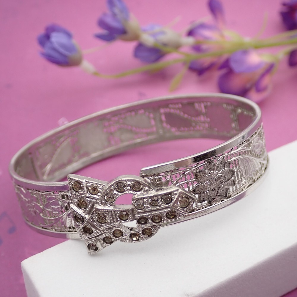Art Deco Rhodium Filigree Floral Rhinestone Tension Close 6 3/4″ Bangle Bracelet