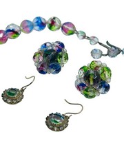 Vintage 1950’s Multi-Color Art Glass Bead Necklace Earring Set 16.5” L Germany