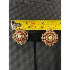 Vintage Florenza Filigree Clip‑On Earrings – Red Enamel & Pearl Center