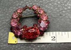 Vintage Dragon’s Breath Red Pink Rhinestone Wreath Brooch Gold Tone Cabochon
