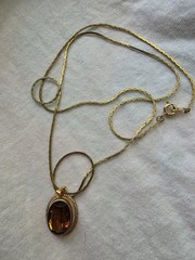Vintage Gold TonedAmber Glass Pendant Necklace Victorian Revival 24 Inch