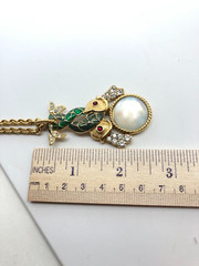 Vtg Trifari TM Double Fish Necklace Green Enamel Gold tone Faux Mabe Pearl 32”
