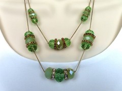 Crystal Glass Bead Necklace Celadon & Green Peridot Color Double Strand Gold Tne