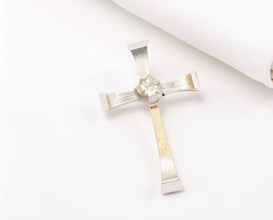 14K White Gold Curved Diamond Cross Necklace, Gold Line Finish, 1 x 1/2 Inch