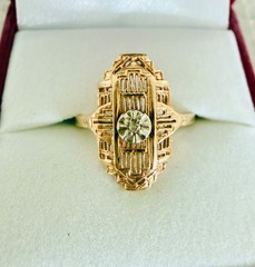 Antique Art Deco 10K Yellow Gold Diamond Filigree Ring Size 6