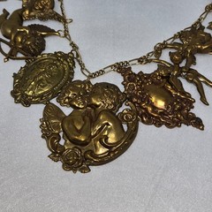 VINTAGE BRASS CHAIN NECKLACE W/21 LOVE CHARMS CUPIDS ANGELS FAIRIES