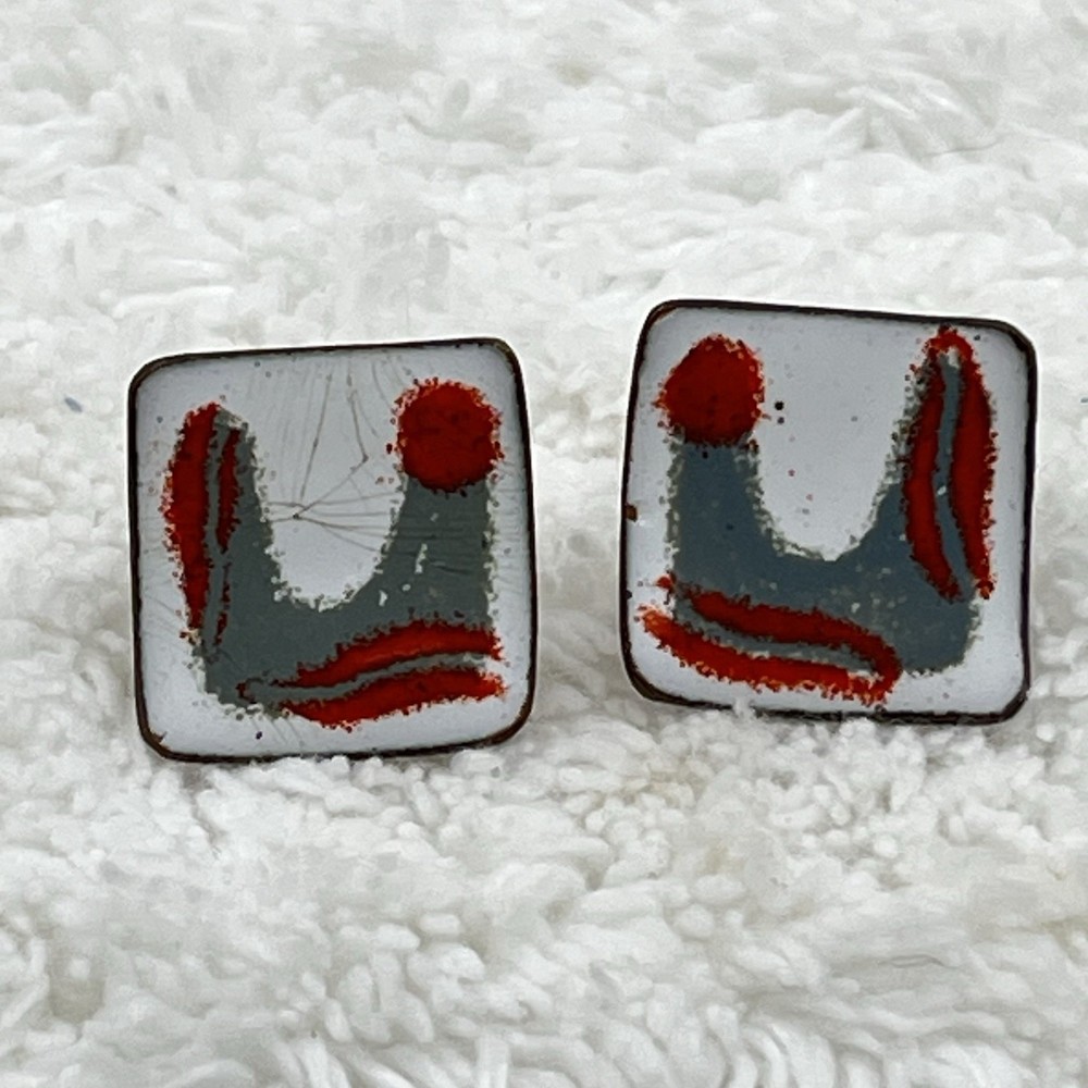 Vintage Enamel Copper Earrings Abstract Rooster Screw Backs .75″