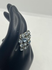 Navette pale blue rhinestone adjustable band cocktail vintage ring silver tone