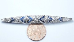 ANTIQUE ART DECO PLATINUM DIAMOND SAPPHIRE NAVETTE SHAPE BROOCH c1920