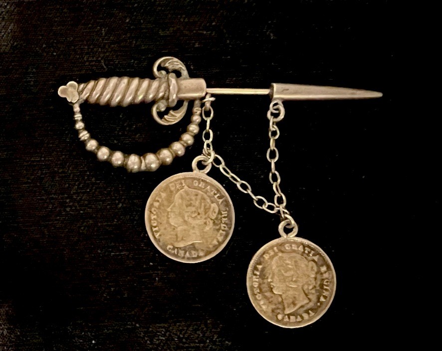 Antique c1900 Sterling Silver Sword Brooch Victorian Canadian Coins 2-1/4” 6.3g