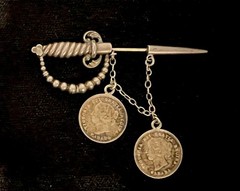 Antique c1900 Sterling Silver Sword Brooch Victorian Canadian Coins 2-1/4” 6.3g
