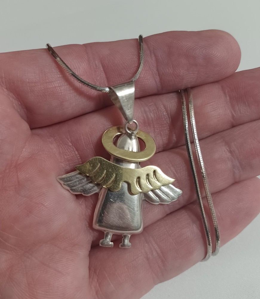 BEAUTIFUL Large Sterling Silver ANGEL Necklace, Solid 16″ Inch Chain Italy 925