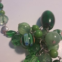 Vtg Green Glass Plastic Beads Metal Disks 28″ Inches Chip Large Bead Millefiori