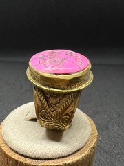 Rare Ancient Bronze Ring Carved Pink Howlite Eastern King Antique Size 7.5 US