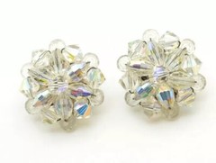Vintage Unsigned Beaded Rhinestone Clip-On Earrings Wired Very Good!
