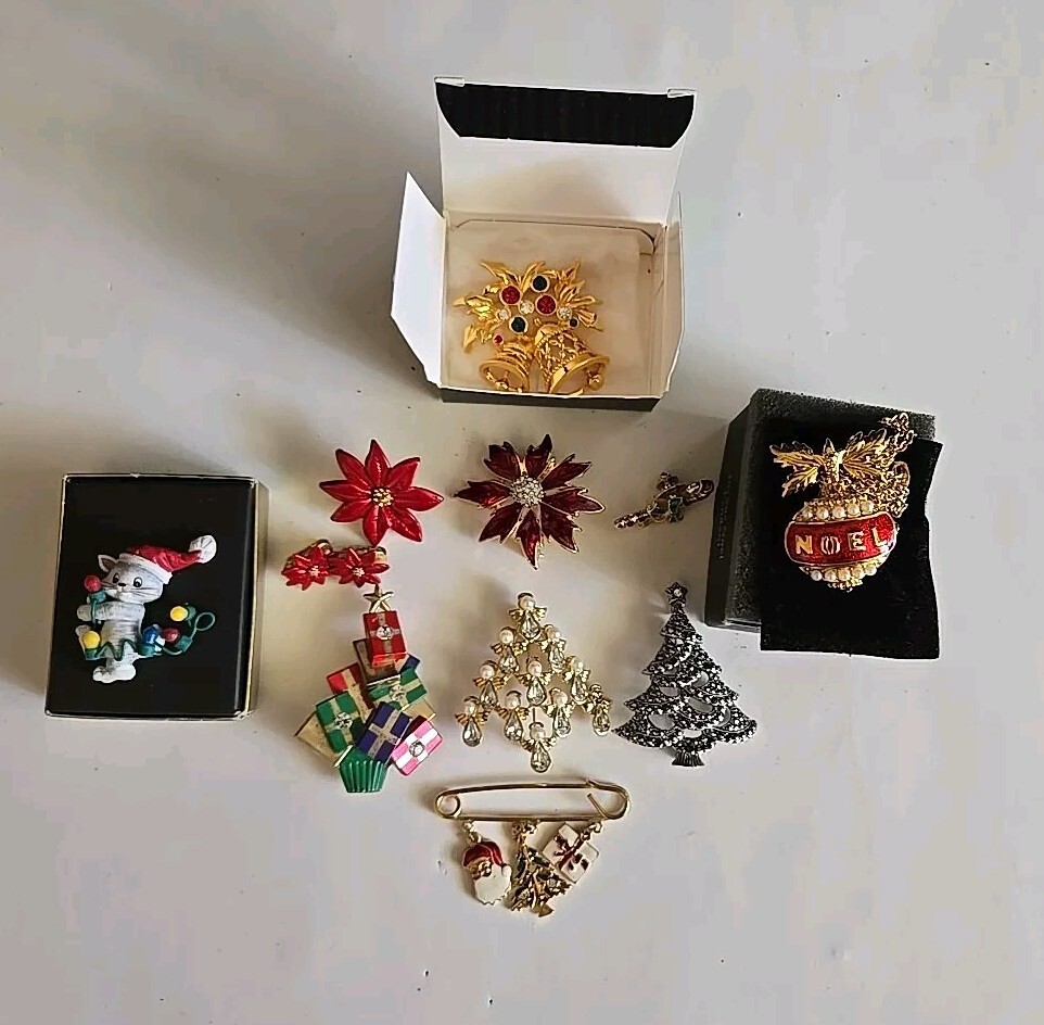 Vtg Christmas Brooch Pin Lot Holiday Avon Trees Bells Necklace Lot