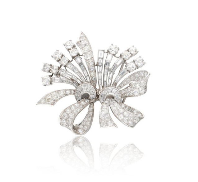 Lab-Created European-Cut, Baguette & Tapered Baguette-Cut Diamonds Ribbon Brooch