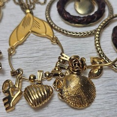 Monet Gold Charm Holder on Chain Braided Leather Hoop Earrings Rhinestone Brooch