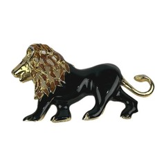 Lion Brooch Pin Gold Tone Black Enamel Cutout Mane 2 3/4″ (L) 1 3/4″ (H) VTG EX