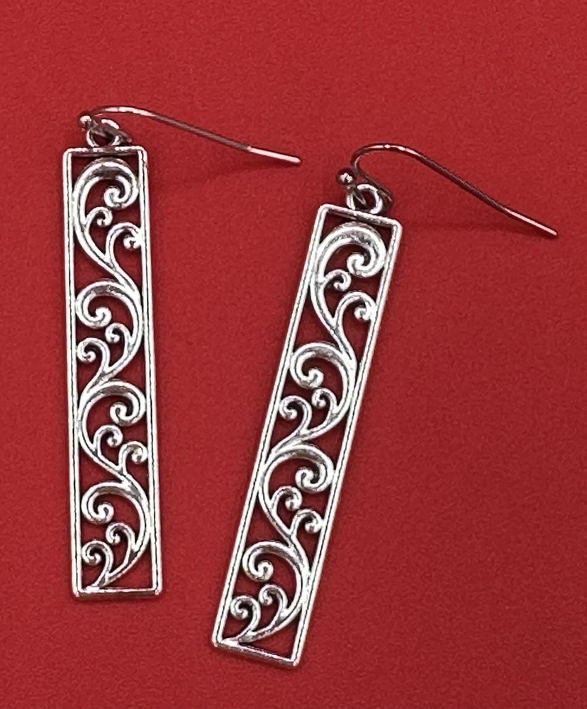 Vintage-Style Silver Tone Carved Pattern Dangle Earrings 2 Inches Zinc Alloy