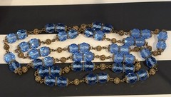 Antique Art Deco Blue Czech Glass & Brass Filigree 34 Inch Necklace 20s-30s