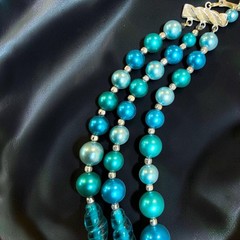 Vintage 3 Strand MCM Art Glass Lucite Bead Necklace Aqua Teal Blue 1950s-1960s