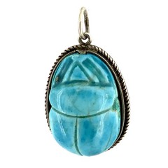 Egyptian Revival Scarab Beetle Vintage Turquoise, Sterling Silver Charm Pendant