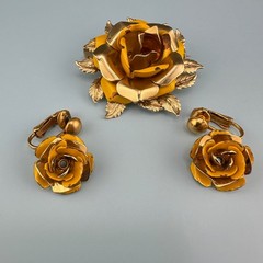 Vintage Yellow Enamel Flower Brooch Dangle Earrings Set Gold Tone Cabbage Rose