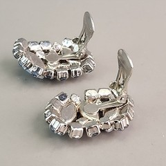 Vintage Rhinestone Clip On Earrings Blue AB Marquise Silver Tone 1.25″