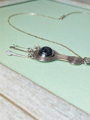 Vtg N/A? Tribal Obsidian Cab Dangle Paddle Pendant Sterling Silver Necklace-16″
