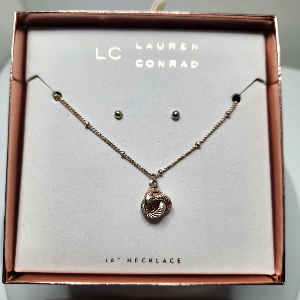 Vintage Knot Pendant Rose Goldtone 16″ Necklace Stud Earrings Lauren Conrad NEW