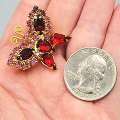Vintage Petite Butterfly Red Pink Rhinestone Gold Tone Figural Pin Brooch