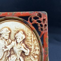 Vintage Colonial Courting Couple Brooch Red Enamel Metal Celluloid