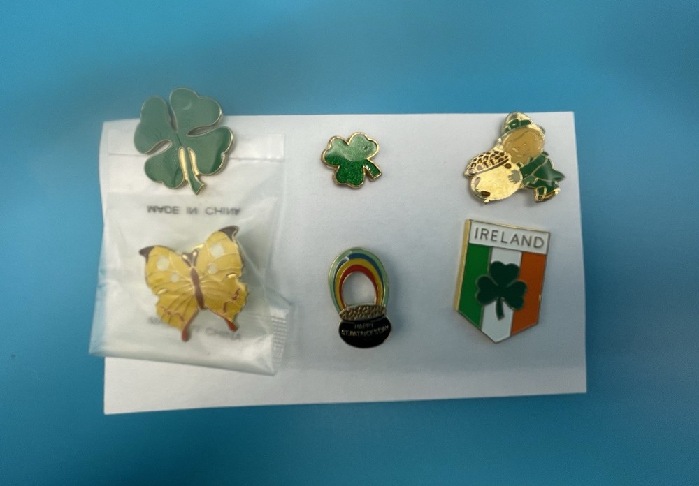Vintage~Lapel Pin~Clutch Back~Set of 6~Clovers~Pot of Gold~Butterfly~Ireland~HTF