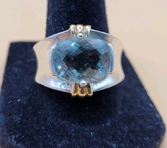 Vintage Sterling Silver 925 Large Cushion-Cut Aquamarine & Gold Accents Size 8.5