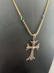 925 Sterling Silver Gothic Maltese Cross Pendant Gold Tone Green Inset Necklace