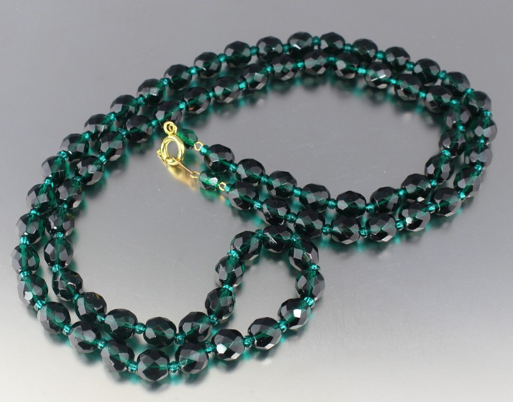 VINTAGE 70’S LONG 31” TEAL CRYSTAL GLASS BEAD NECKLACE 