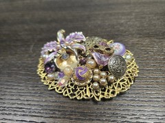 Vintage Maximal Collage Brooch Pin Mixed Media Art Materials rare Purple Floral