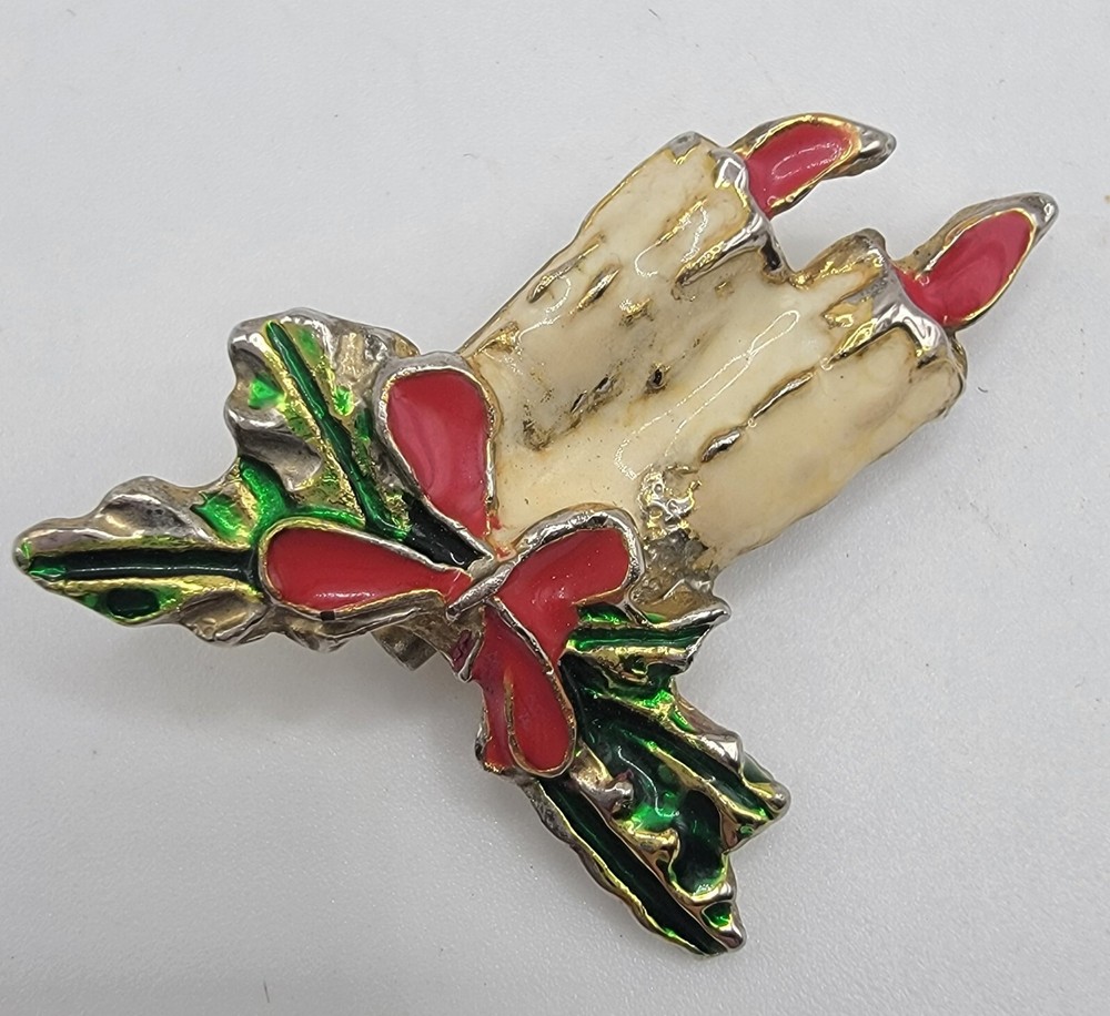 Vintage Gold Tone ENAMEL Fashion Brooch Pin Jewelry CHRISTMAS CANDLES