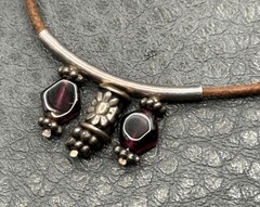 Vintage Garnet Cabochon Leather Cord Necklace Sterling Silver Pendant Choker